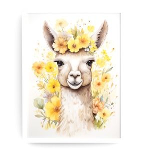 Watercolor Cute Floral Llama Wall Art Illustration Print Poster Card Unframed